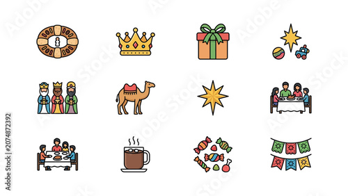 Fotografía A collection of colorful flat vector icons representing the Three Kings Day holiday celebration