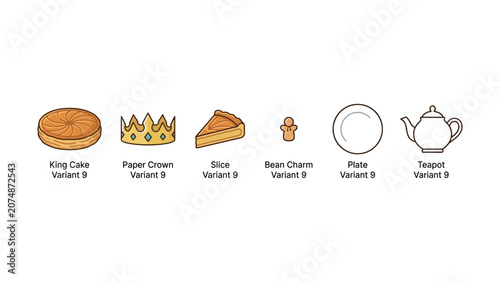 Tableau sur toile A set of six hand drawn icons representing traditional King Cake celebration elements and tea time accessories