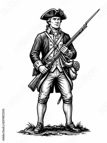 American colonial soldier holding musket.