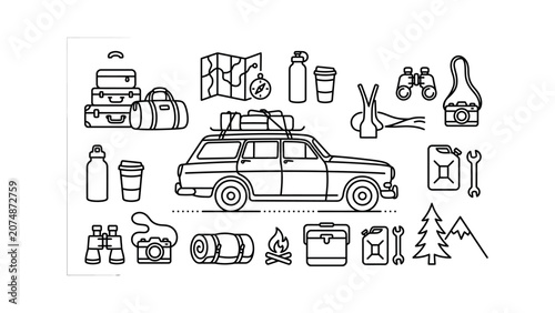 Foto Hand drawn travel and camping equipment icons set with a station wagon car