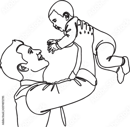 Fotografi Line art illustration of a father holding baby aloft with illustration parenting