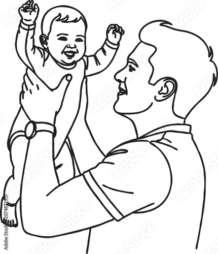 Tablou pe pânză Joyful father holding infant aloft continuous line illustration with family life