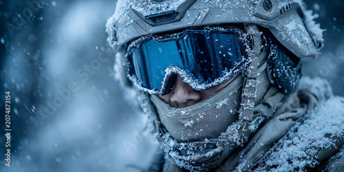 Military Soldier Portrait with Helmet and Goggles in Snow