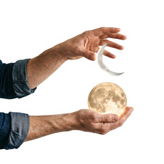 Man holding a glowing moon in one hand and a crescent moon in the other isolated on transparent background