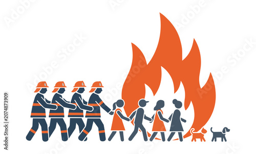 Emergency responders guiding civilians and pets away from a simplified fire silhouette on a clean background safety and emergency preparedness concept