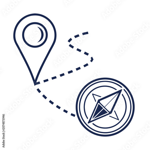 Simple black and white vector illustration of a location pin connected to a navigation target icon on plain background.