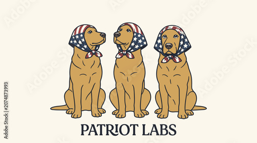 Schilderij op canvas Patriotic vintage three Labrador retrievers wearing American flag bandanas, retr