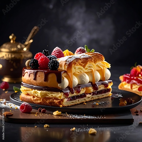 A decadent dessert featuring layers of flaky pastry, rich chocolate, and whipped cream