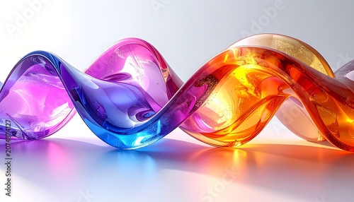 A colorful, wavy, translucent sculpture on a white surface