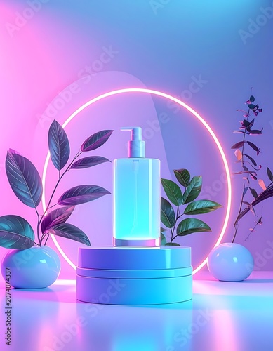 A futuristic neon-lit setup with a glowing blue bottle on a pedestal