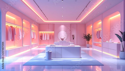 A futuristic clothing store with pink walls and neon lights