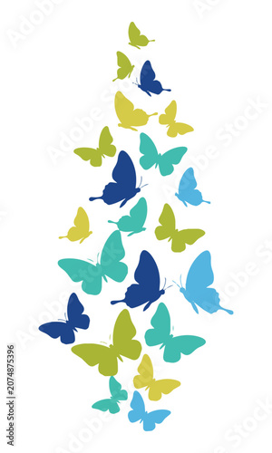 Abstract butterflies in dynamic flight with bold flat colors, arranged in an ascending pattern, isolated on white. Elegant nature concept
