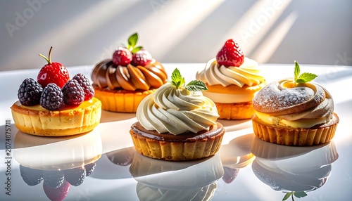 A serene arrangement of four pastries with creamy toppings and fresh fruits