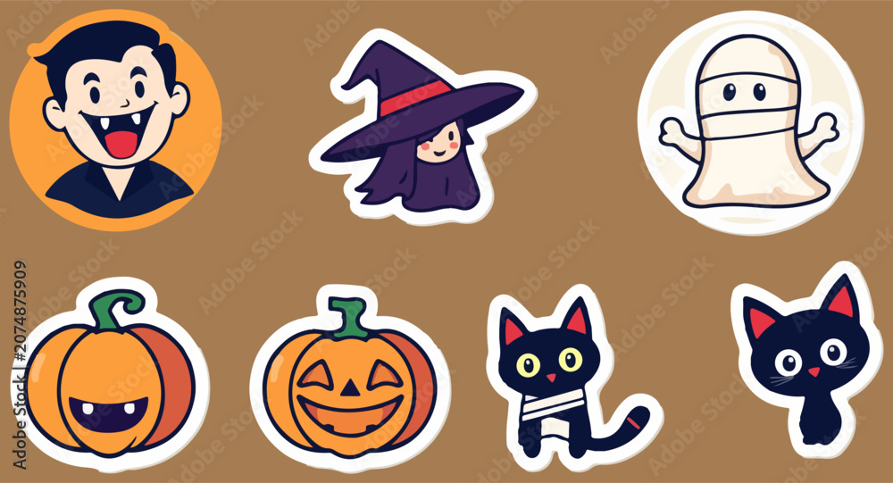 Fototapeta premium Cute Halloween sticker set with cartoon monsters, 7 vector icons featuring vampire, witch, mummy, pumpkins, and black cats for festive decor