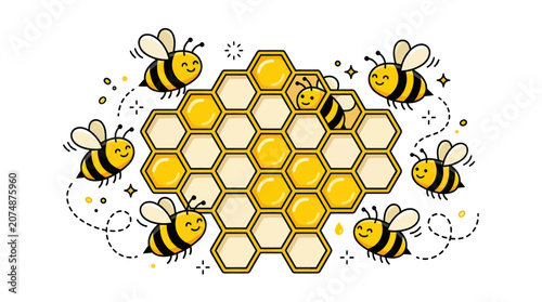 Foto Cute cartoon bees buzzing around a honeycomb on white background