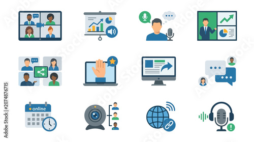 Remote work and online communication icons.