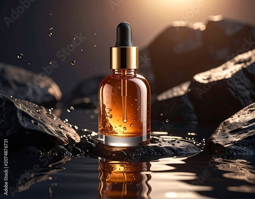 A luxurious amber glass dropper bottle on wet rocks
