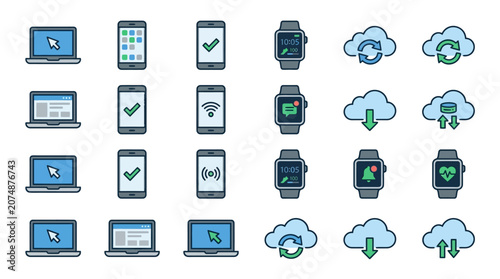 Technology icons on devices screen.