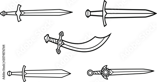 Schilderij op canvas Medieval sword vector set featuring outline scimitar and broadsword weapons for