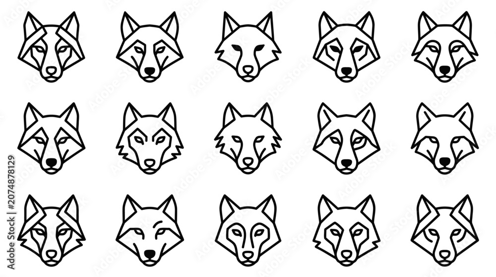 Fototapeta premium Collection of various wolf head drawings.