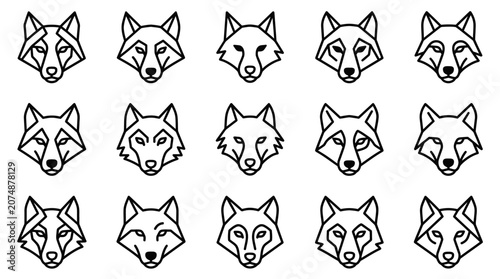 Collection of various wolf head drawings.