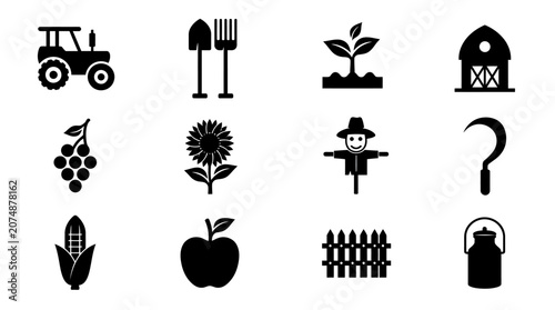 Farm tools and produce icons set.