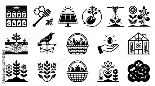 Eco friendly sustainable living icons set.