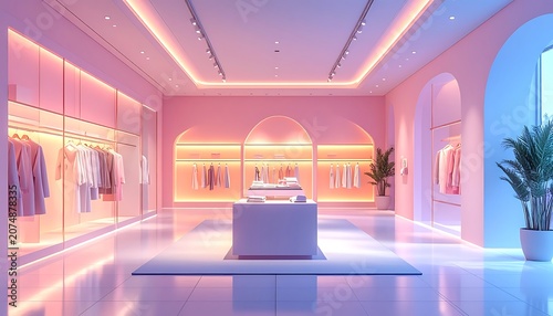 A modern, minimalist clothing store with pink and orange lighting