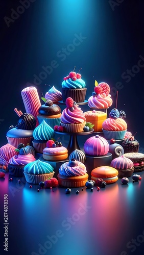 A vibrant pile of assorted desserts with neon lights