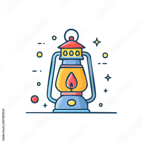 Flat illustration of a vintage oil lamp with flame