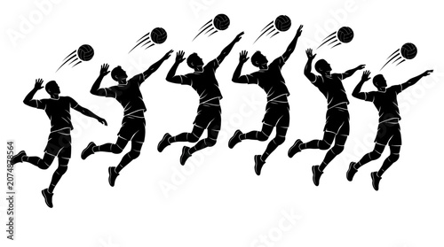 Bild auf Leinwand Silhouette of six volleyball players jumping to hit a ball in mid-air