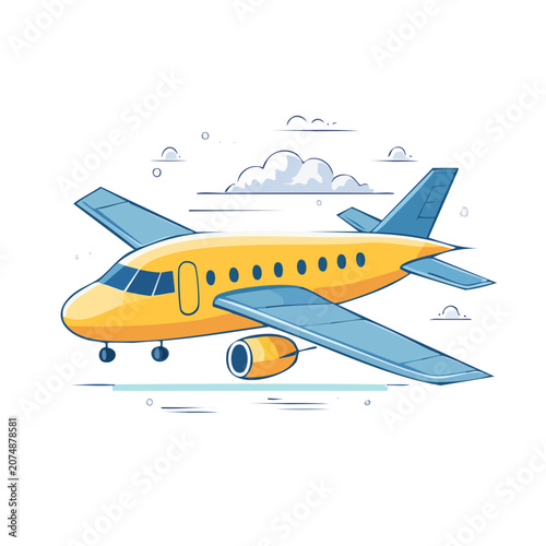 Flat illustration of orange airplane in blue sky