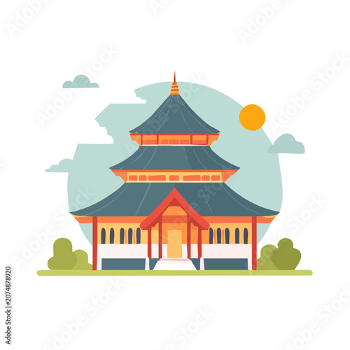 Traditional Asian house with blue roof illustration