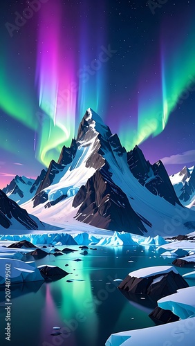 A serene snowy mountain range under the vibrant aurora borealis (9)