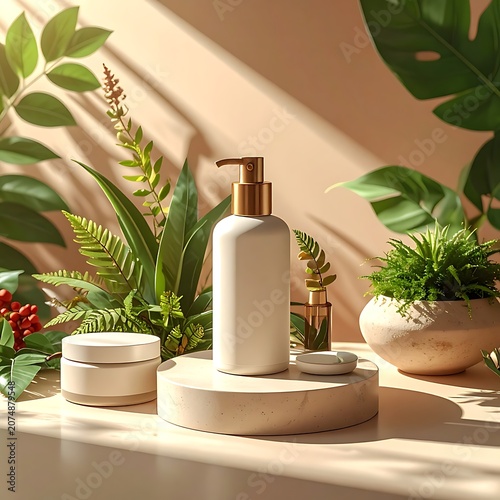 A serene still life of natural beauty products surrounded by lush greenery (1)