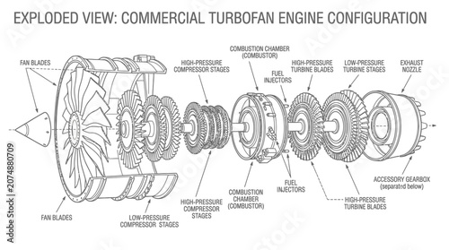 Detailed exploded view of a commercial turbofan engine configuration diagram