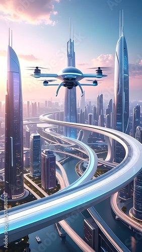 Futuristic cityscape with a flying drone (1)