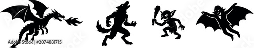 Valokuva Halloween day creatures dragon werewolf vampire and demon silhouettes