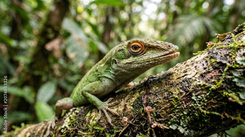 Fototapeta premium Green Anole Lizard Perched on Mossy Branch in Lush Rainforest
