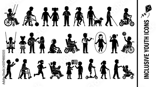 Diverse and inclusive children and youth silhouette icons depicting kids with disabilities, wheelchairs, crutches, and playing