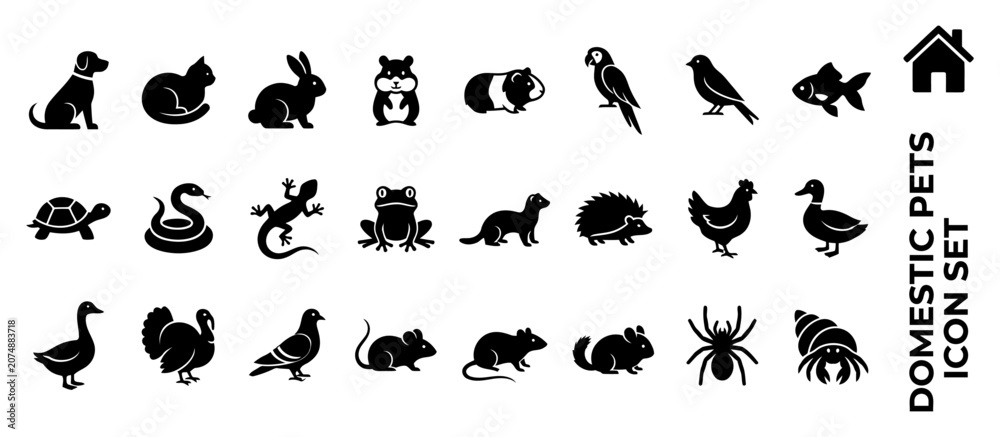 Fototapeta premium Comprehensive Set of Domestic Pets Silhouette Icons Featuring Diverse Animal Species for Veterinary and Educational Graphic Design Projects