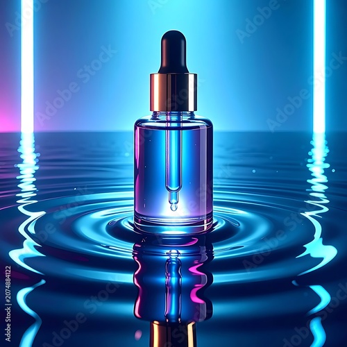 A glass dropper bottle with a single drop falling