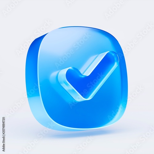 3D checkmark icon isolated on white background, concept of approval success verification. Transparent Liquid Glass icon. 3D rendering.
