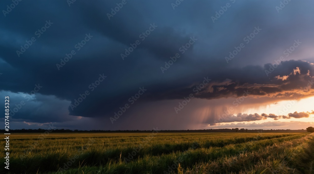 Obraz premium Dark storm clouds gather over a golden field at twilight. Rain falls in shafts of light on the horizon. Nature shows power before nightfall.