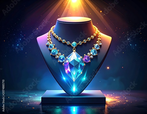 A radiant jewelry display with a necklace on a black mannequin