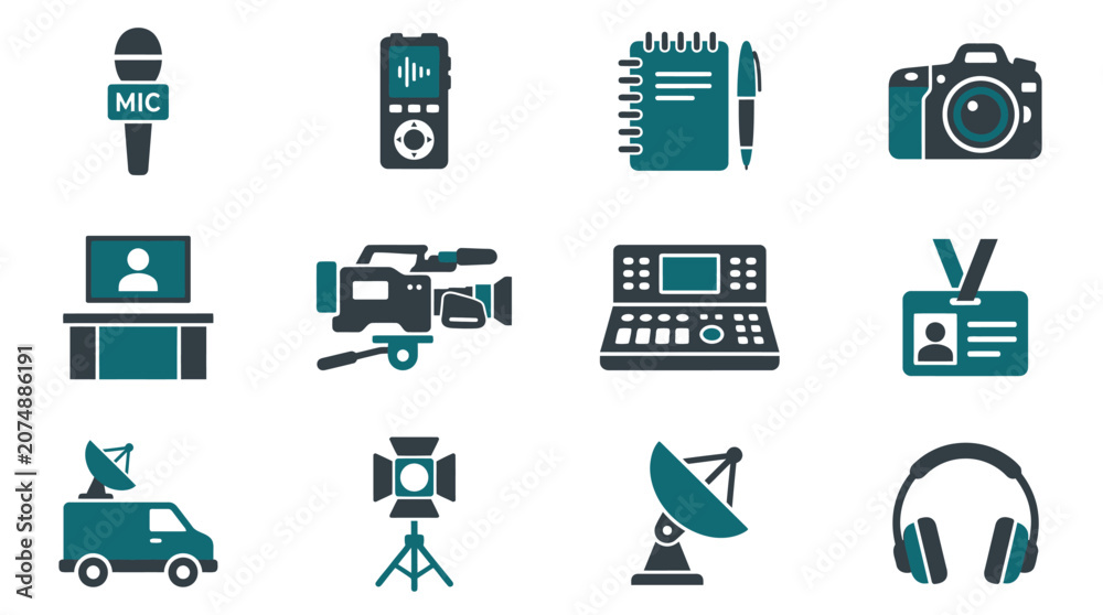 Fototapeta premium Flat vector icons representing journalism and broadcasting equipment