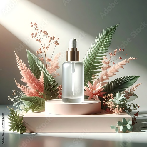 A serene glass dropper bottle on a pink platform surrounded by lush greenery and vibrant pink flowers