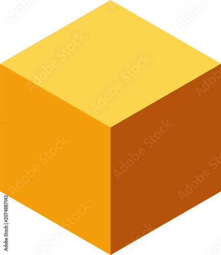 Minimalist single yellow isometric cube with three shaded sides isolated on a clean white illustration