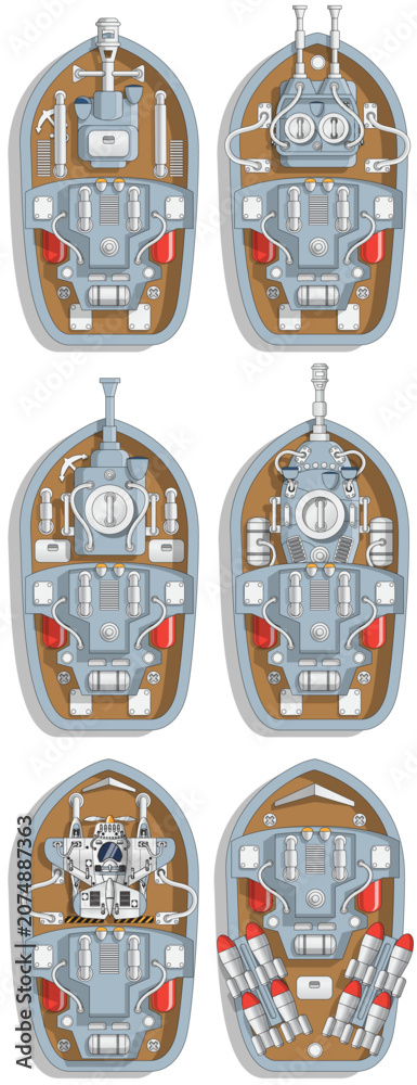 Fototapeta premium A set of warships. View from above. Isolated on white background. Vector illustration.