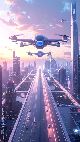 Futuristic cityscape with drones flying over a highway (1)